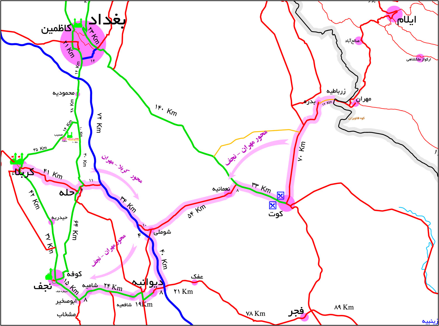 نقشه راهنمای مرز مهران تا نجف اشرف و کربلای معلی +دانلود
