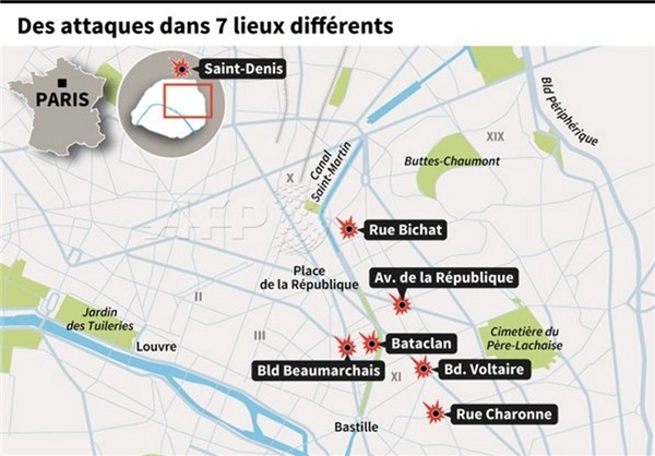 پنج نقطه‌ای که در پاریس مورد حمله قرار گرفته‌اند